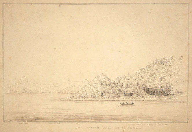 Bambridge, William, 1819-1879 :Great Barrier Island, New Zealand. Dec. 1847. Drawn by W. Bambridge from his original sketch. Mount Mitre. Augustus Bay. Home Point. Mahunga. The residence of Captain Nagle.