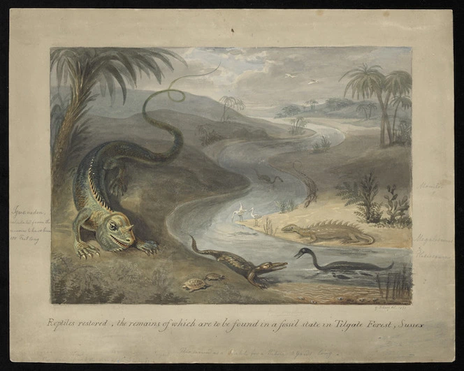 Scharf, George 1788-1860 :Reptiles restored, the remains of which are to be found in a fossil state in Tilgate Forest, Sussex / G. Scharf del 1833. This served as a sketch for a picture 3 yards long. Iguanodon, calculated from the remains to have been 100 feet long; Monitor; Megalosaurus; Plesosaurus.
