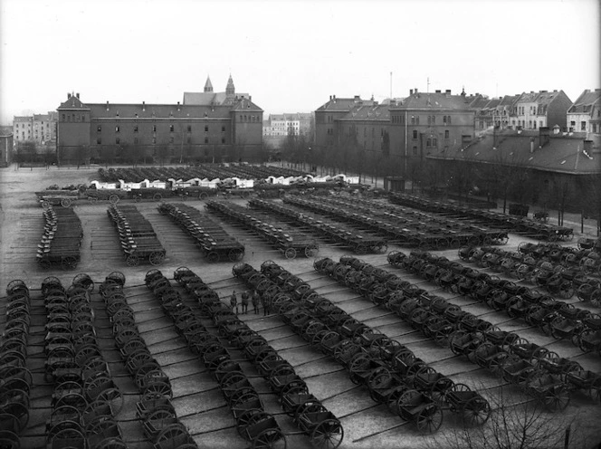 Rows of New Zealand military transport, Mulheim, Germany