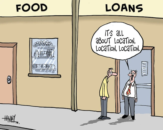 'Food. Loans'. "It's all about location, location, location." 5 May, 2008