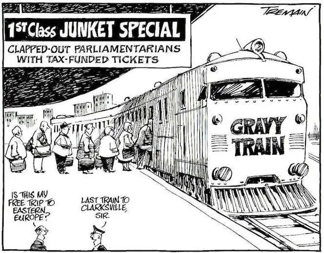 1st class junket special. Clapped-out parliamentarians with tax-funded tickets. "Is this my free trip to Eastern Europe?" "Last train to Clarksville, Sir." 11 March, 2008