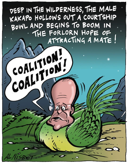 Deep in the wilderness, the male Kakapo hollows out a courtship bowl and begins to boom in the forlorn hope of attracting a mate! "COALITION! COALITION!" 2 September, 2005