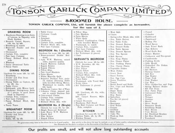 Tonson Garlick Co :8-roomed house. Tonson Garlick Company Ltd., will furnish the above as complete as hereunder, for the sum of £ [ca 1910].