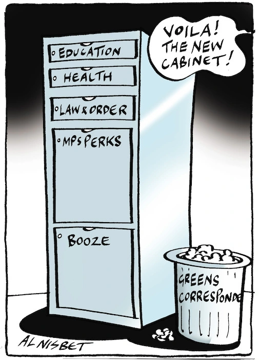 Education. Health. Law & Order. MPs Perks. Booze. Greens Correspondence. "Voila! The new cabinet!" 19 October, 2005