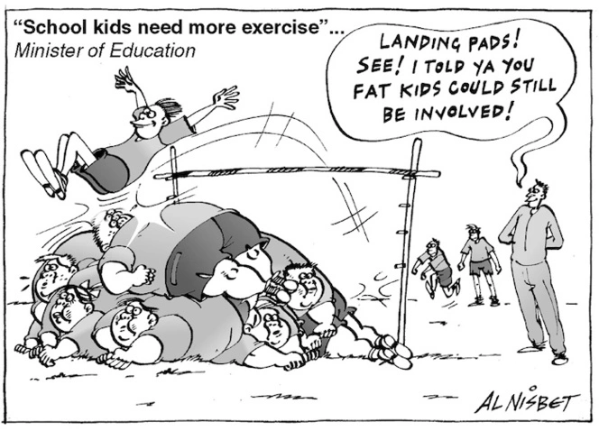 "School kids need more exercise"... Minister of Education. "Landing pads! See! I told ya you fat kids could still be involved!" 8 October, 2004