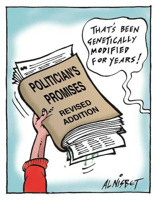 Nisbet, Alistair, 1958- :Politician's Promises. Revised Edition. 'That's been genetically modified for years. Christchurch Press. 6 July, 2002.