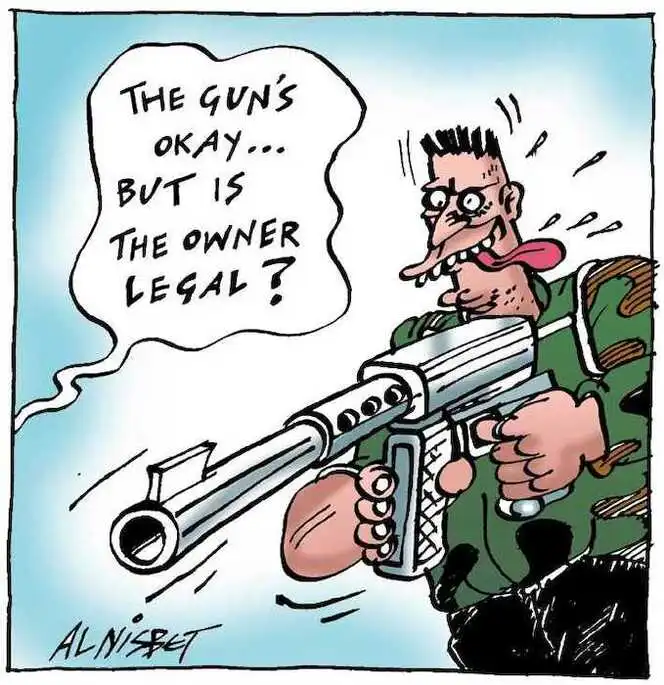 Nisbet, Alistair, 1958- :'The gun's okay... but is the owner legal?' Christchurch Press. ca. 26 August 2002.