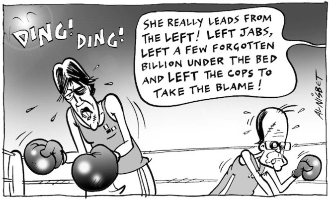 DING! DING! "She really leads from the left! Left jabs, left a few forgotten billion under the bed and left the cops to take the blame!" 23 August, 2005