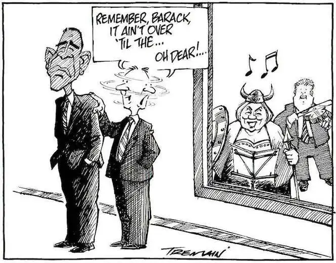 "Remember, Barack, it ain't over 'til the... Oh dear!..." 23 March, 2008