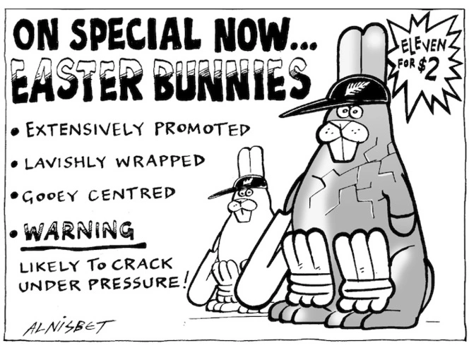 On special now... EASTER BUNNIES. Extensively promoted. Lavishly wrapped. Gooey centred. WARNING Likely to crack under pressure! Eleven for $2. 24 March, 2005