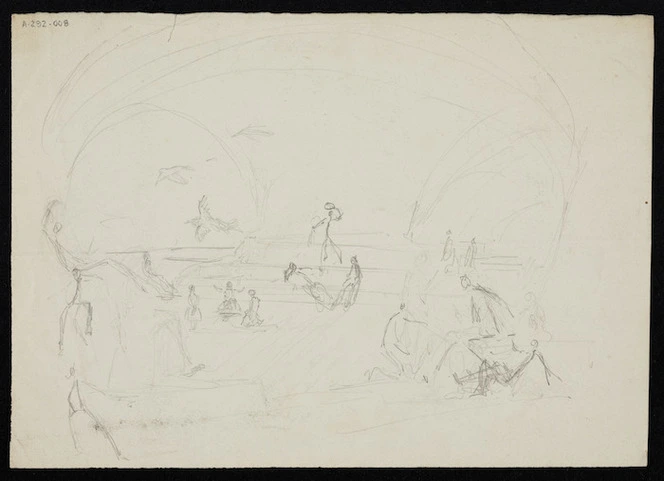 Collinson, Thomas Bernard 1822-1902 :[Rough sketch of people engaged in a range of activities, sitting, standing, climbing, several birds in the sky area. 1843?]