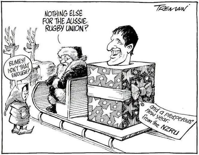 'And a prosperous new year from the NZRU'. "Nothing else for the Aussie Rugby Union?" "Blimey! Isn't that enough?" 11 December, 2007