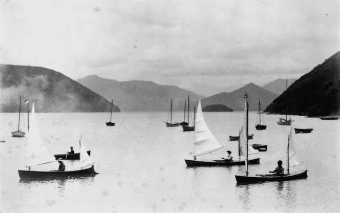 Rob Roy canoes in Pelorus Sound - Photograph taken by Arthur Thomas Bothamley