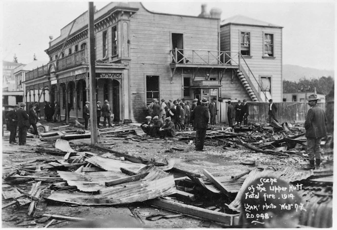 The fire damaged remains of the shop Benge & Pratt, Upper Hutt, with the Provincial Hotel next door