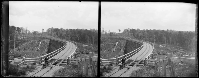 Mangaturuturu Viaduct, Ruapehu District, including a man riding a railway jigger