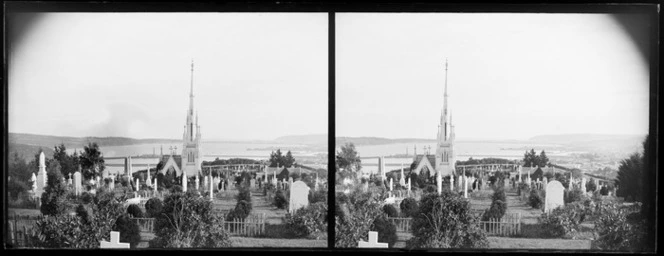 View of Dunedin North Cemetery, including William Larnach's tomb, looking towards Otago Harbour