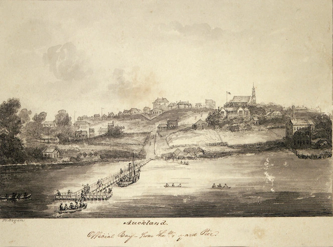 Hogan, Patrick Joseph 1804-1878 :Auckland ; Official Bay from the Wynyard Pier [1852?]