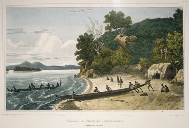 Sainson, Louis Auguste de b 1800 :Village a l'Anse de l'Astrolabe (Nouvelle Zelande). Villeneuve lith; figures par V. Adam; de Sainson pinx. [Paris, 1833]