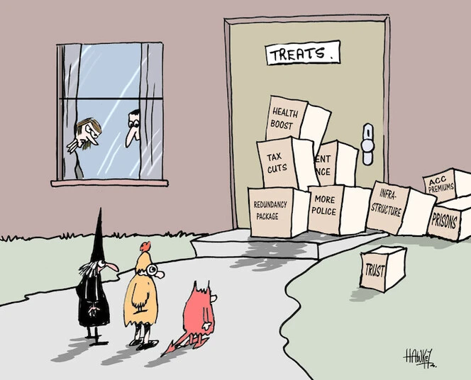 'Treats.' 'Health boost, tax cuts, redundancy package, more police, infrastructure, trust, prisons, ACC premiums.' 31 October, 2008.