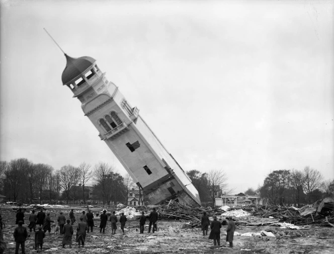 Demolition of the northern tower of the New Zealand International Exhibition in Christchurch