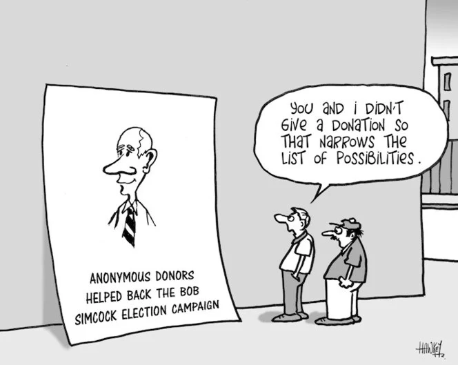 Anonymous donors helped back the Bob Simcock election campaign. "You and I didn't give a donation so that narrows the list of possibilities." 18 December, 2007