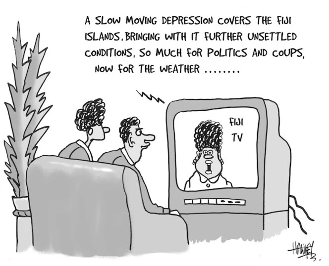 "A slow-moving depression covers the Fiji Islands, bringing with it further unsettled conditions, so much for politics and coups, now for the weather..." 5 December, 2006.