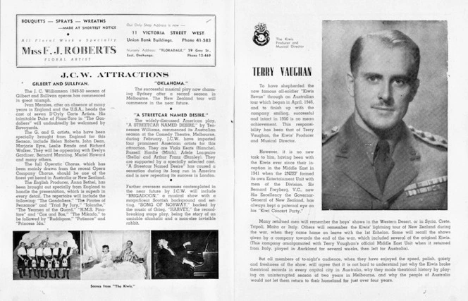 Kiwi Concert Party :J C W attractions; Terry Vaughan. [J C Williamson Theatres Ltd. His Majesty's Theatre Auckland; season commencing Tuesday May 23rd., 1950. "The Kiwis"; the original Middle East Kiwi concert party, led by Terry Vaughan. Programme pages 2-3]. 1950.