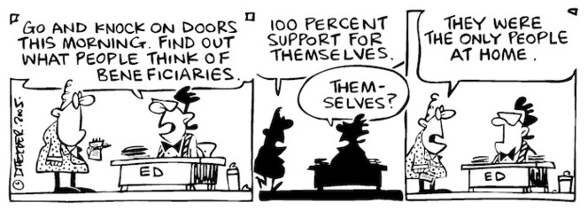 Fletcher, David, 1952- :'Go and knock on doors this morning. Find out what people think of beneficiaries.' '100 percent support for themselves.' 'Themselves?' 'They were the only people at home.' Dominion Post, 28 January 2005.