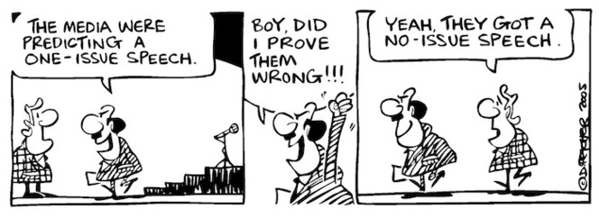 Fletcher, David, 1952- :'The media were predicting a one-issue speech... Boy, did I prove them wrong!!!' 'Yeah, they got a no-issue speech. Dominion Post, 26 January 2005.