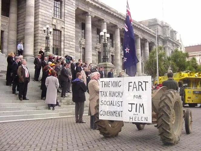 Photographs of a protest against a proposed animal gas emissions charge, Parliament Grounds, Wellington