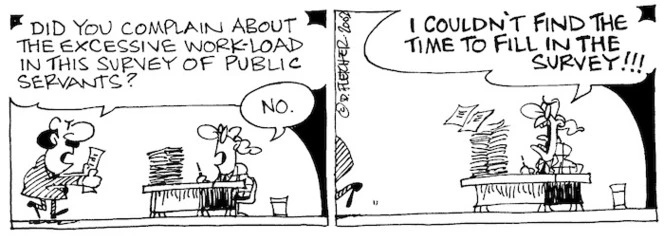 Fletcher, David, 1952- :'Did you complain about the excessive work-load in this survey of public servants?' 'No....I COULDN'T FIND THE TIME TO FILL IN THE SURVEY!!!' The Dominion, 1 May 2002.