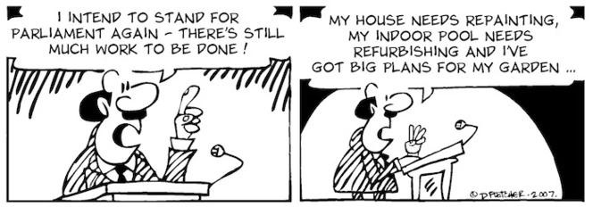 "I intend to stand for parliament again - there's still much work to be done! My house needs repainting, my indoor pool needs refurbishing and I've got big plans for my garden..." 6 July, 2007