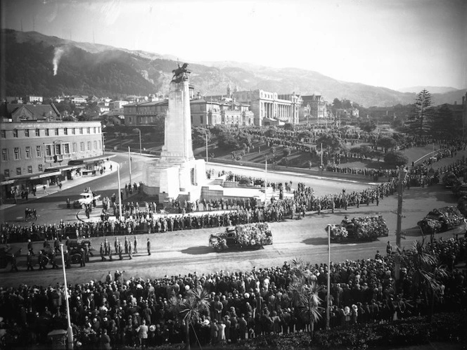 Michael Joseph Savage's funeral procession, Lambton Quay, Wellington