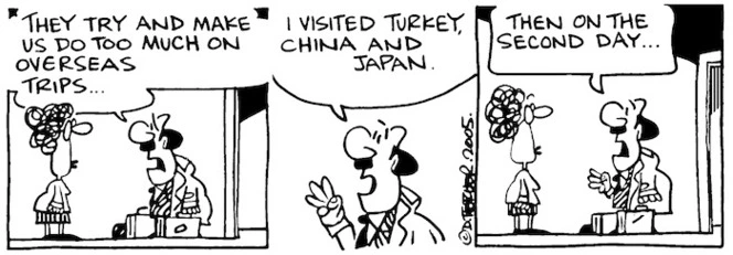 Fletcher, David, 1952- :'They try and make us do too much on overseas trips... I visited Turkey, China and Japan... Then on the second day...' Dominion Post, 28 April 2005.