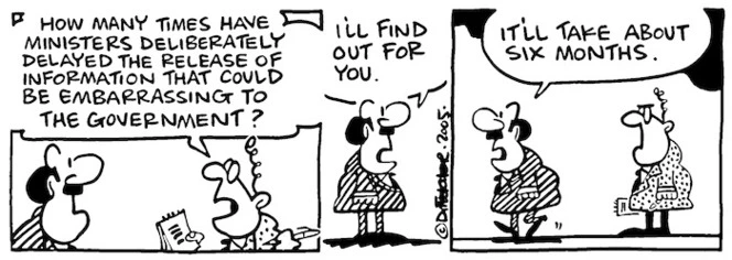 "How many times have ministers deliberately delayed the release of information that could be embarrassing to the government?" "I'll find out for you. It'll take about six months." 2 November, 2005.