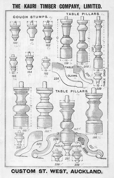 The Kauri Timber Company Ltd (Auckland Office) :Couch stumps [and] table pillars. [Catalogue page. ca 1906].