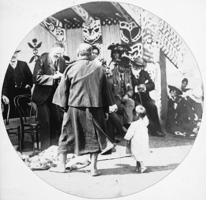 Ross, Malcolm, 1862-1930 :[Lord Ranfurly meeting members of Tuhoe at the Runanga house, Ruatoki]