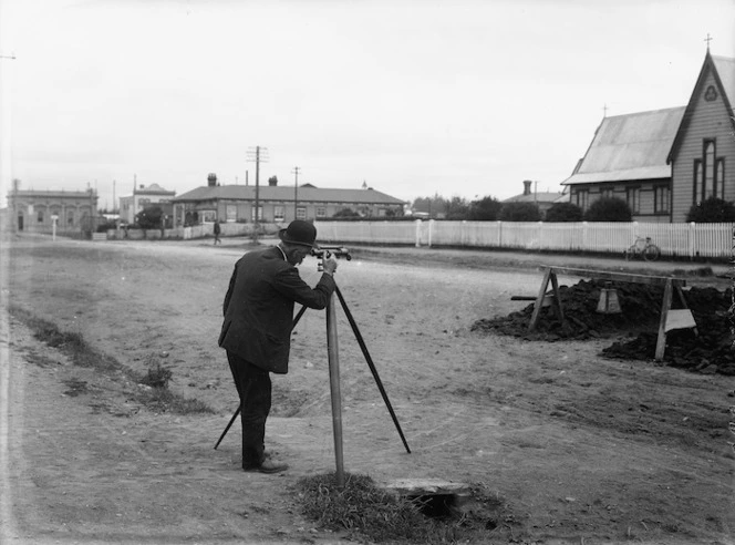 Thomas David Sullivan, Borough Engineer, in Regan Street, Stratford, Taranaki