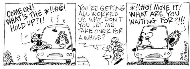 "COME ON! WHAT'S THE *!!##! HOLD UP?!!" You're getting all worked up. Why don't you let me take over for while?" "*!!##! MOVE IT! WHAT ARE YOU WAITING FOR?!!!" 4 January, 2003.