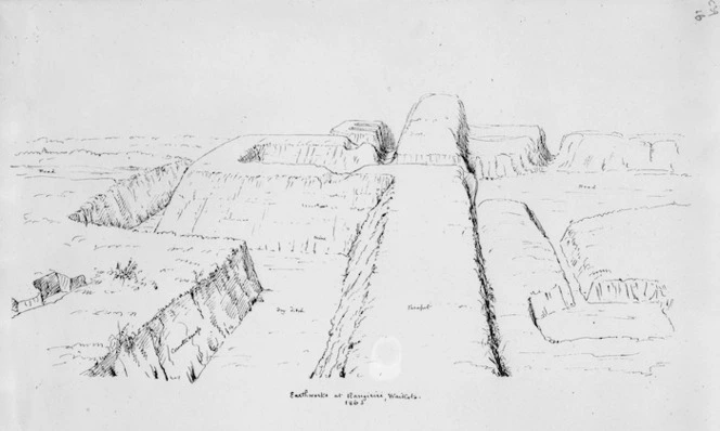 Heaphy, Charles 1820-1881 :[Notes and sketches of Maori fortifications, 1839-1863] Earthworks at Rangiriri, Waikato, 1863.