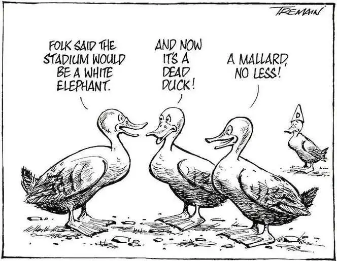 "Folk said the stadium would be a white elephant." "And now it's a dead duck!" "A Mallard, no less!" 27 November, 2006.