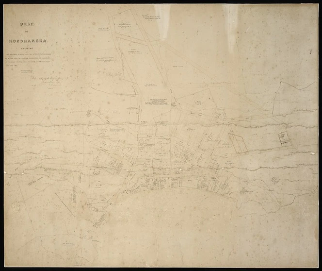 [Creator unknown] :Plan of Kororareka shewing the original streets and the alterations proposed by Mr Cass, also the original boundaries of claims & of the lands granted under the "Lands Claims Settlement Acts" 1856-1858. [ms map].