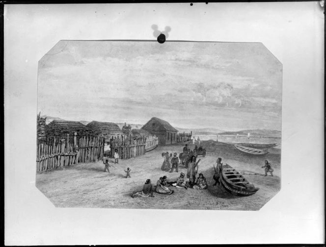 Engraving of Pipitea Point, Wellington, from a drawing by SC Brees between 1842 and 1845, showing a group of Maori on Thorndon Beach, buildings of Pipitea Pa, and canoes