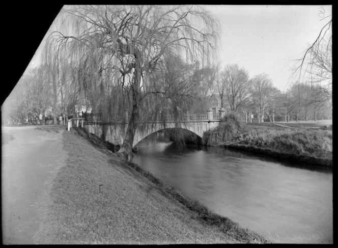 Armagh Street bridge, Christchurch, showing elm tree and river