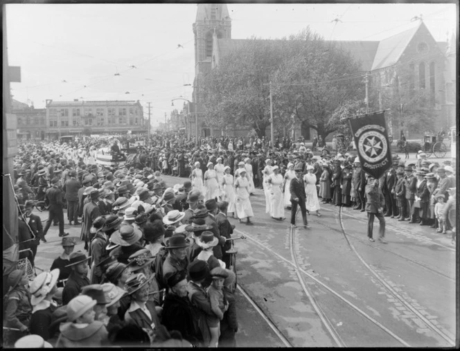 St John Ambulance nurses in the parade procession, World War One, Cathedral Square, Christchurch