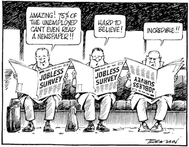 Tremain, Garrick, 1941- :'Amazing! 75% of the unemployed can't even read a newspaper!!' 'Hard to believe.' 'Incredible!!' Otago Daily Times, 8 August 2004.