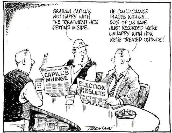 "Graham Capill's not happy with the treatment he's getting inside." 18 September, 2005.