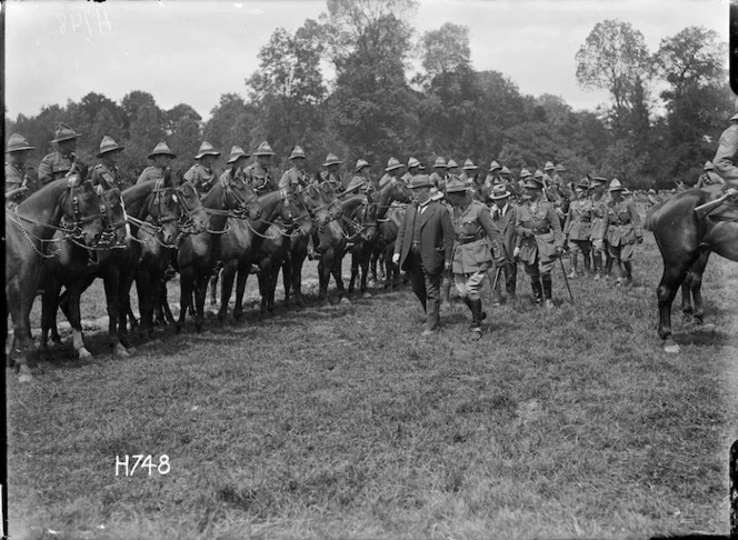 Prime Minister Massey and Sir Joseph Ward inspect the Otago Mounted Rifles, France