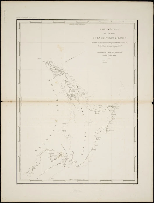 Carte générale de la partie de la Nouvelle-Zélande, reconnue par le Cap'ne de frégate Dumont D'Urville / dressé par Mr. Lottin, Enseigne de Vau, expédition de la corvette de S.M. l'Astrolabe, Janvier, Février, Mars 1827 ; gravé par Chassant ; ecrit par Hacq.