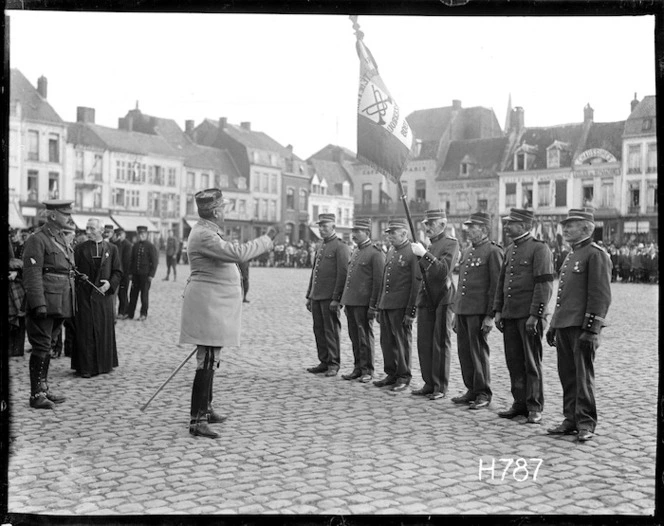 Inspection of French veteran soldiers at the Fete National celebrations, Hazebrouck
